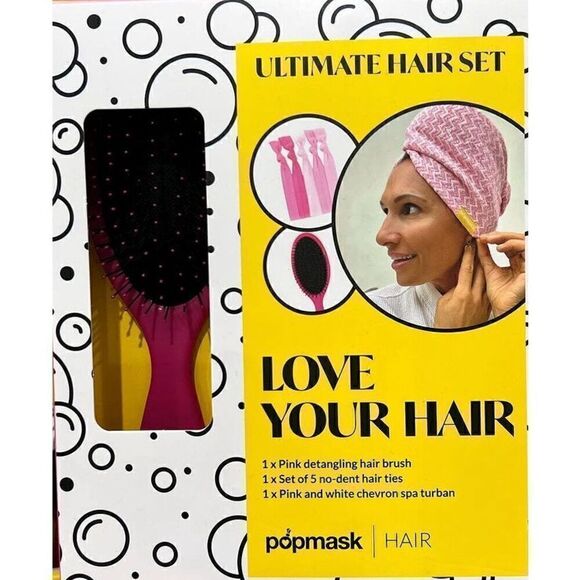 POPMASK LOVE YOUR HAIR ULTIMATE HAIR GIFT SET FOR HER BRUSH TIES SPA TOWEL PINK - Picture 1 of 4